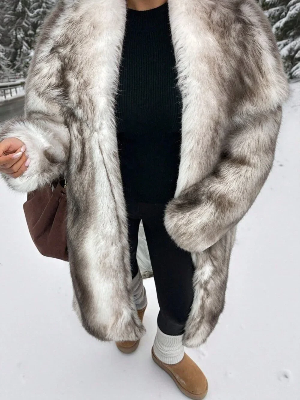 White Casual Women's Long Faux Fur Collar Coat